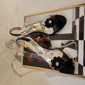 Tinstree Silver and Black Sling Back, Wedge Heels, Open Toe Dress Sandals Sz 10